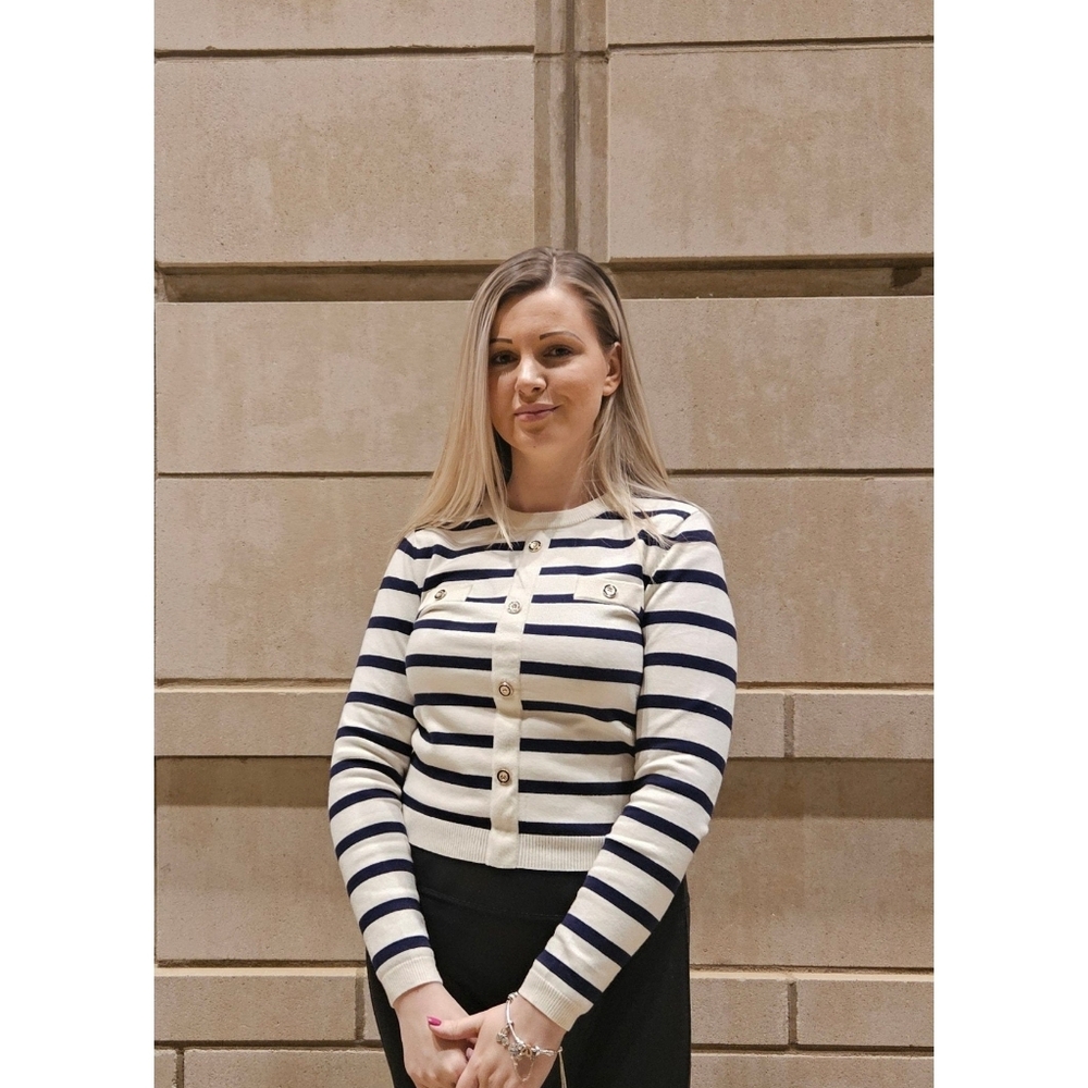 NWT Zesica Black White Striped Crew Gold Button Old Money Knit Sweater Top M - Picture 5 of 9